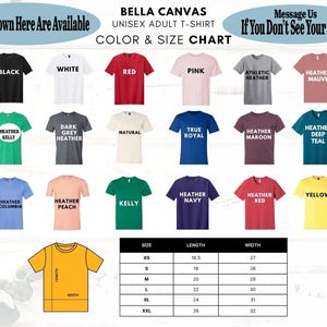 May include: A Bella Canvas unisex adult t-shirt colour chart. The image shows t-shirts in various colours, such as black, white, red, and pink. A size chart provides measurements in inches for length and width, from XS to XXL.