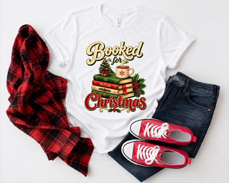 A white t-shirt with a graphic design, a red and black plaid shirt, a pair of red and white sneakers, and a pair of blue jeans, all laid out on a white background.