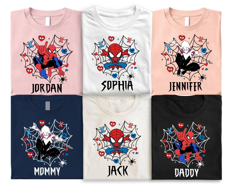 May include: Six t-shirts in different colours, each with a Spider-Man graphic within a web design. The shirts are personalised with names such as "Jordan," "Sophia," and "Jennifer." The designs include hearts and spider illustrations.