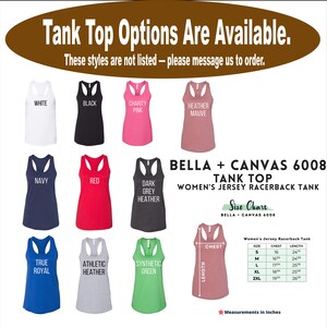 May include: A selection of women's jersey racerback tank tops in colours such as white, black, navy, red, and heather mauve. The image includes a size chart with measurements in inches and the text "Tank Top Options Are Available."