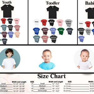May include: A colour chart for youth, toddler, and baby t-shirts displaying various colour options including white, red, black, pink, and heather shades. The image includes a size chart with width and length measurements in inches for each category.
