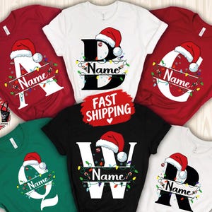 Personalized Name Initial Split Letter Santa Hat Custom Matching Shirts, Santa Hat Name Christmas Shirt