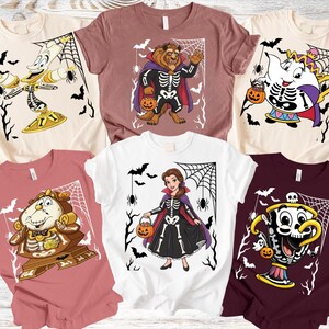 Halloween Beauty and the Beast familieshirt, Disney Beest Belle Skeleton T-shirt, Mrs. Potts Chip Cogsworth shirt, bijpassend Disney Halloween T-shirt