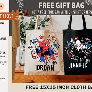 May include: Three tote bags with superhero designs. One is beige with a Spider-Man graphic and the name "JORDAN". Another is black with a Spider-Woman graphic and the name "JENNIFER". The third bag has a green floral design.