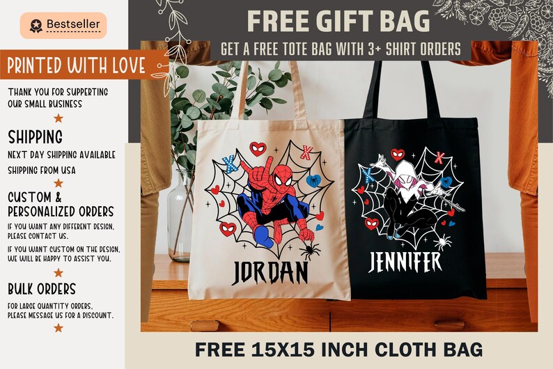 May include: Three tote bags with superhero designs. One is beige with a Spider-Man graphic and the name "JORDAN". Another is black with a Spider-Woman graphic and the name "JENNIFER". The third bag has a green floral design.