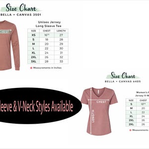 May include: A size chart for long sleeve and V-neck t-shirts. The long sleeve chart is for Unisex Jersey tees, and the V-neck chart is for Women's Relaxed Jersey tees. Measurements are in inches.