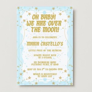 We’re Over the Moon Baby Shower Invitation | Celestial Blue & Gold Theme | Editable Canva Template | Digital Download | Moon and Stars