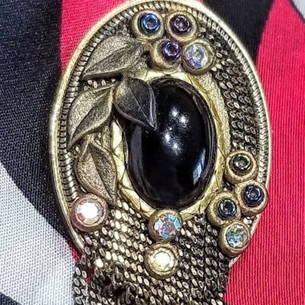 Marena Made in Germany Brooch Has Bail To Use as Pendant Heavyweight Gold Metal Onyx Center with AB Crystals and Seed Beads Chain Fringe