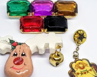 Lot of 3 Pins Great for Christmas Handmade Wooden Enamel Reindeer Rhinestone Bar Pin with Colorful Bar Pin and Small Angel Tac Pin
