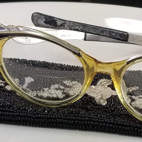 Cat Eye Glasses Very Old Bi Focal Silver Temples Marked Jason Small Hard Plastic Comes with Beaded Case That Needs Nice but Needs Work