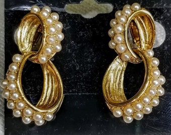 Richelieu Gold tone and Faux Pearl Clip on Earrings That are Amazing Vintage Two Piece Hoops with Tons of Creamy Tiny Pearls