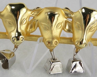 Cows with Bells Pin Signed AJC made of Gold Tone Metal w Silver Accents Cute Whimsical and Collectable Cow Lovers Gift Item Easy Purchase