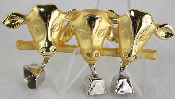 Cows with Bells Pin Signed AJC made of Gold Tone … - image 1