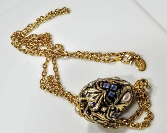 Joan Rivers Egg Necklace Gold with Blue and Black Beautiful Faux Pearls and Crystals 30" Gold tone Chain Great Condition