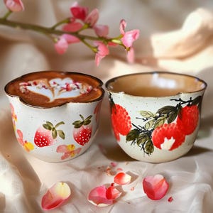 May include: Two ceramic cups with floral designs. One cup features a strawberry pattern, the other has a red fruit design. The cup on the left contains a latte with a heart-shaped design. Pink flower petals are scattered around the cups.