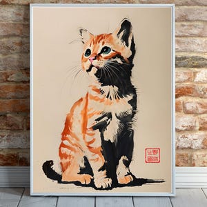 Watercolor Ink Cat Wall Art, Sumi-e Style Kitten Print, Minimalist Oriental Animal Painting, Japanese Brush Art Poster
