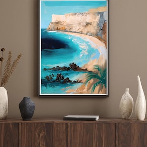 Impresión de arte mural abstracto de Diamond Beach Nusa Penida, Bali, obra de arte de paisaje costero, decoración de playa tropical oceánica, póster de viaje moderno