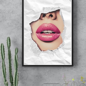 Arte mural de labios, fondo de papel arrugado y diseño de papel rasgado, estampado femenino y audaz, decoración moderna y vanguardista para el hogar, obra de arte contemporáneo sensual.
