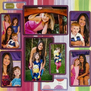 May include: A scrapbook page with multiple framed photos. The photos feature children and adults, with a variety of poses and settings. The color scheme includes pinks, purples, and yellows. The word "sparkle" is visible.