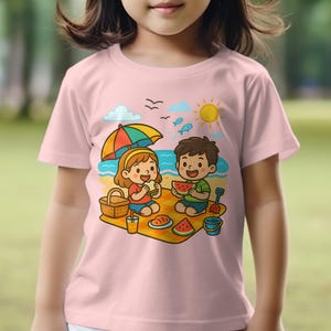 Beach Picnic Kids Clipart, Cute Summer Children Illustration, Digital Sublimation PNG, Cartoon Boy and Girl Eating, T-Shirts & Crafts