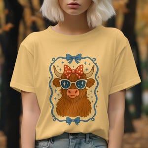 Highland Cow with Bow and Shades PNG – Cute Coquette Cow Sublimation, Retro Kawaii Highland Cow, Funny Farm Animal T-Shirt Design.