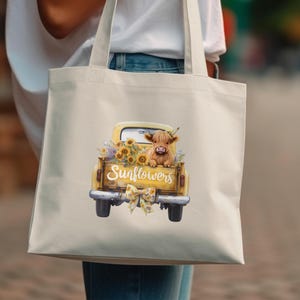 Sunflower Truck PNG with Highland Cow – Cute Yellow Farm Truck Sublimation Design – Country Floral Digital Download for T-Shirts & Gifts