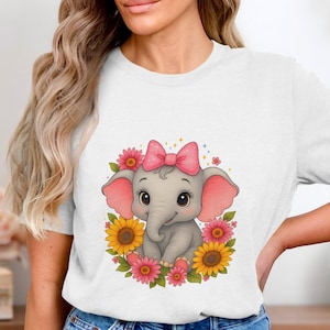 Niedlicher Baby Elefant mit rosa Schleife und Sonnenblumen PNG | Entzückender Elefant Clipart für Sublimation, Babypartydekor, Kinderzimmer-Wandkunst