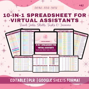 May include: A digital product graphic promoting a "10-IN-1 SPREADSHEET FOR VIRTUAL ASSISTANTS" to track jobs, skills, tasks, and income. The image shows several tablet-like screens displaying spreadsheet layouts, with a pink and white colour scheme.