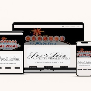 May include: A digital display of a website design on a tablet, laptop, and smartphone. The website features a Las Vegas theme with the text "Welcome to Fabulous Las Vegas" and the names "Jorge & Salona".