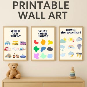 Pósters digitales imprimibles para habitación infantil: transporte, formas y clima. Arte mural para habitación infantil. Descarga instantánea.