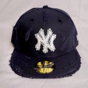 Distressed Pearl Burst New Era NY Hat | Custom Hat Embellishments