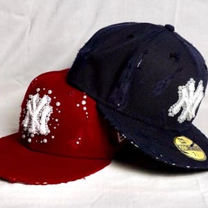 Custom Distressed Pearl New Era NY Yankees Fitted Hat | Custom Hat Embellishments
