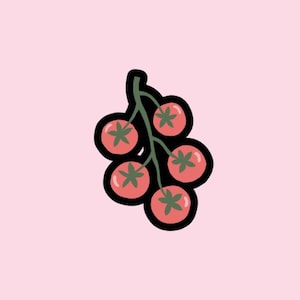 May include: A digital illustration of a cluster of five tomatoes with green stems and leaves. The tomatoes are red with a pink outline, set against a light pink background.