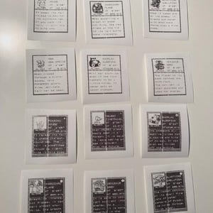 May include: A collection of twelve small, white cards featuring black and white illustrations and text. The cards showcase various characters, including Pikachu, Charizard, and Blastoise, with details like height and weight.