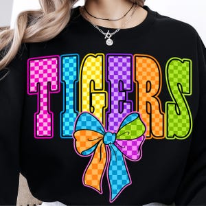 Tigers PNG Digital Download, Colorful Checkered Letters with Bow, School Spirit Sublimation Design, Instant Download File for Shirts
