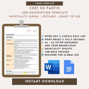 Puede incluir: Una plantilla digital para una descripción del puesto de Chef de Partie. El documento está en un portapapeles con el texto "Chef de Partie Job Description Template". El texto adicional incluye "Hospitality Hiring, Editable, Ready to Use". Los iconos y el texto indican que la plantilla es un documento de Word, un enlace de Google Docs y está lista para imprimir.