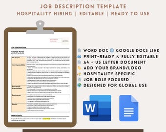Chef de Partie Job Description Template | Kitchen Hiring | Editable Word & Google Docs