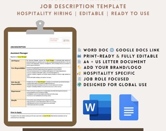 Barback Job Description Template | Hospitality Hiring | Editable Word & Google Docs | Instant Download