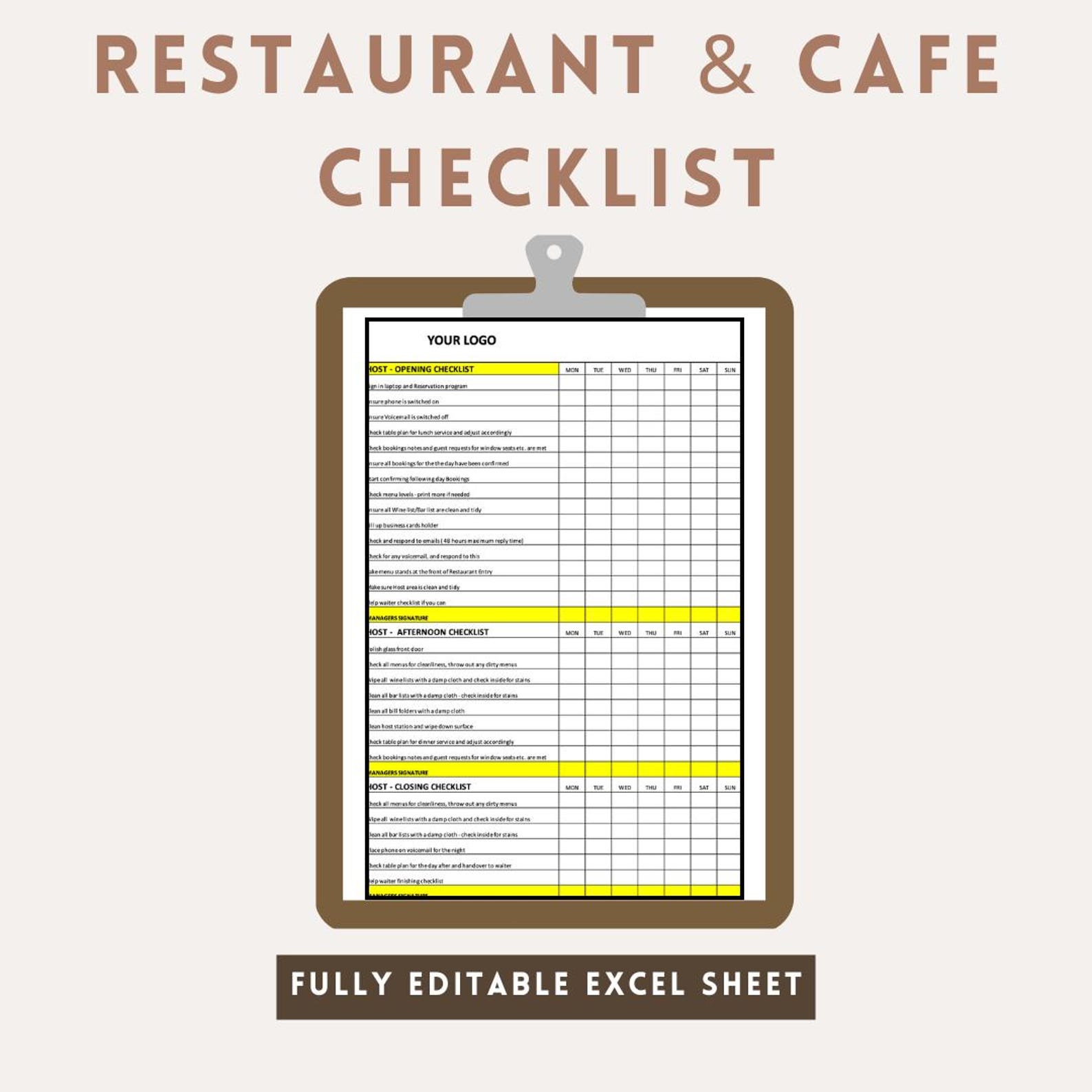 Restaurant & Cafe Checklist | Daily Staff Planner Excel Template ...