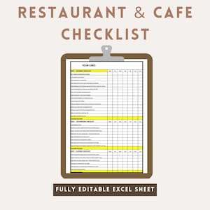 May include: A brown clipboard with a checklist for a restaurant or cafe. The checklist includes sections for opening, afternoon, and closing tasks. The text "Restaurant & Cafe Checklist" is at the top. The bottom of the clipboard reads "FULLY EDITABLE EXCEL SHEET".