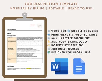 Barista Job Description Template | Hospitality Hiring | Editable Word & Google Docs | Instant Download