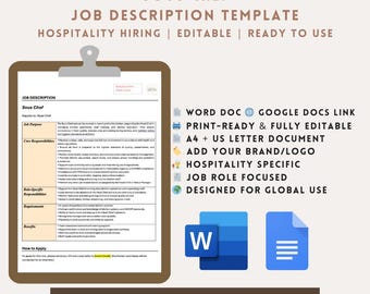 Restaurant Supervisor Job Description Template | Hospitality Hiring | Editable Word & Google Docs | Instant Download