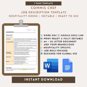 May include: A digital template for a Commis Chef job description. The document is on a clipboard with text that reads "Job Description" and "How to Apply". Additional text includes "Word Doc", "Print-Ready", and "Instant Download".