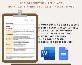 Bartender Job Description Template | Hospitality Hiring | Editable Word & Google Docs | Instant Download