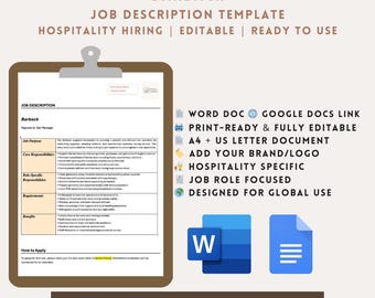 Bar Manager Job Description Template | Hospitality Hiring | Editable Word & Google Docs | Instant Download