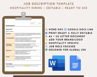 Pastry Chef Job Description Template | Hospitality Hiring | Editable Word & Google Docs | Instant Download