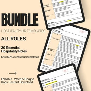 May include: Three tablets displaying hospitality HR templates. The image shows job descriptions and requirements for various roles. The main text reads "BUNDLE HOSPITALITY HR TEMPLATES ALL ROLES 20 Essential Hospitality Roles". The templates are editable.
