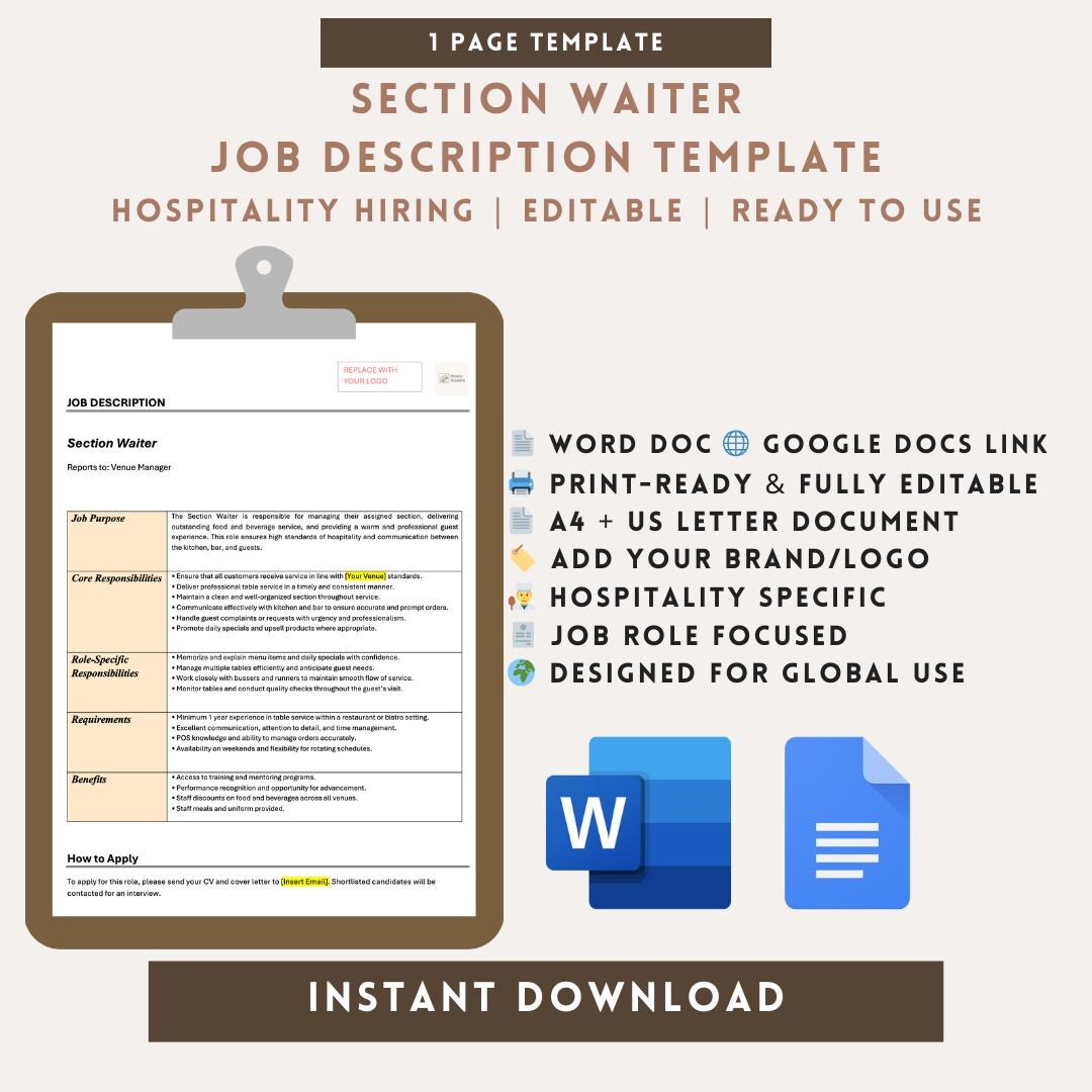 Waitress Job Description Example Section Waiter Job Description Template | Hospitality Hiring | Editable ...