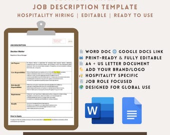 Section Waiter Job Description Template | Hospitality Hiring | Editable Word & Google Docs | Instant Download