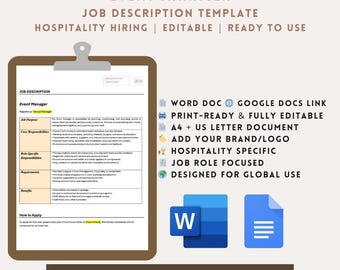 Event Manager Job Description Template | Hospitality Hiring | Editable Word | Google Docs | A4 & US Letter